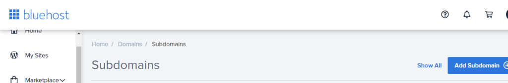 bluehost sub domain