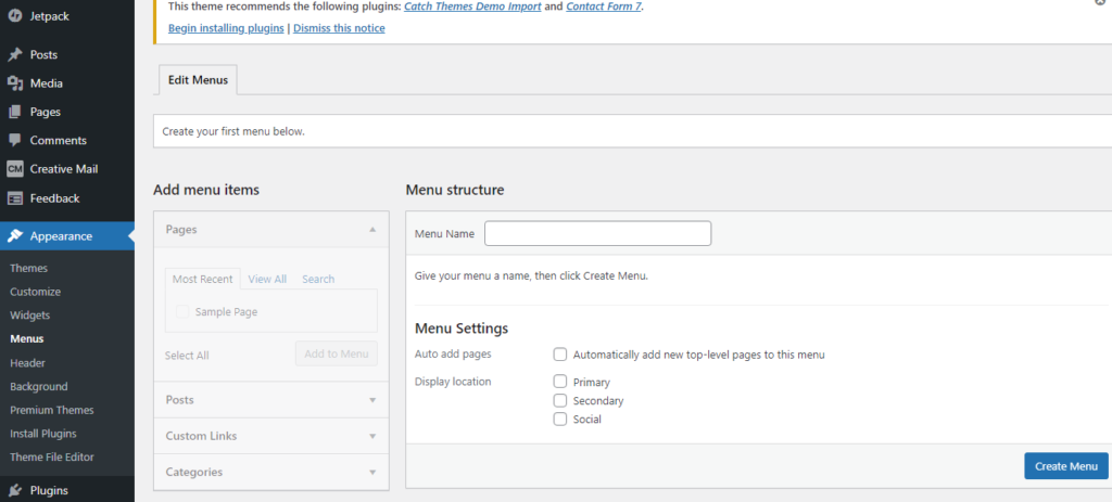 WordPress menu page